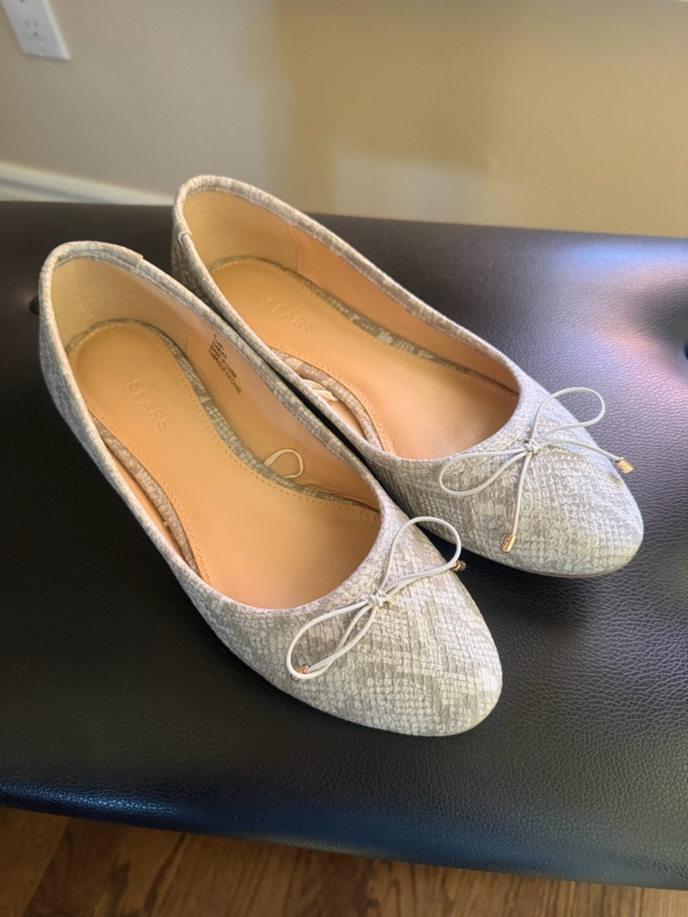 Sears Light Gray Textured Ballet Flats with Bow Accent